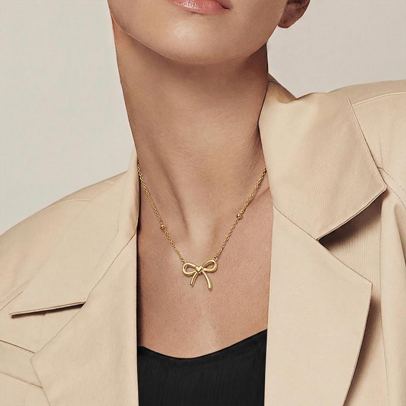Original 925 Sterling Silver Gold Bow Necklace For Women Cute Simple Exquisite For Party Jewelry Gift