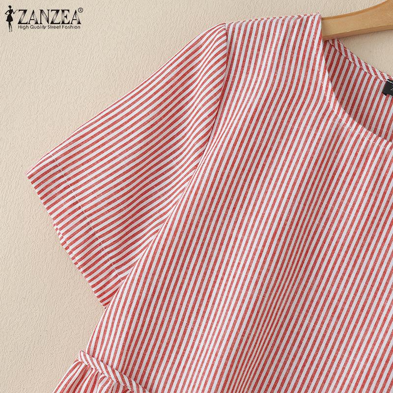 ZANZEA Women Casual Round Neck Short Sleeve Stripe Summer Dress