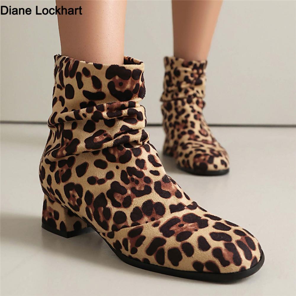 Fashion Zippers Fashion Round Toe Women Ankle Boots With Low Heel Shoes Female Leopard Print Footwear Ladies Pleated Boots Modern Boots