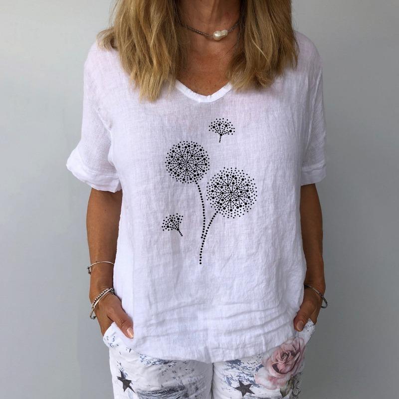 Mode Baumwolle Leinen Lose Beiläufige Bluse Frauen Vintage Kurzarm Gedruckt Hemd Frauen Elegante V Hals Büro Dame Tops