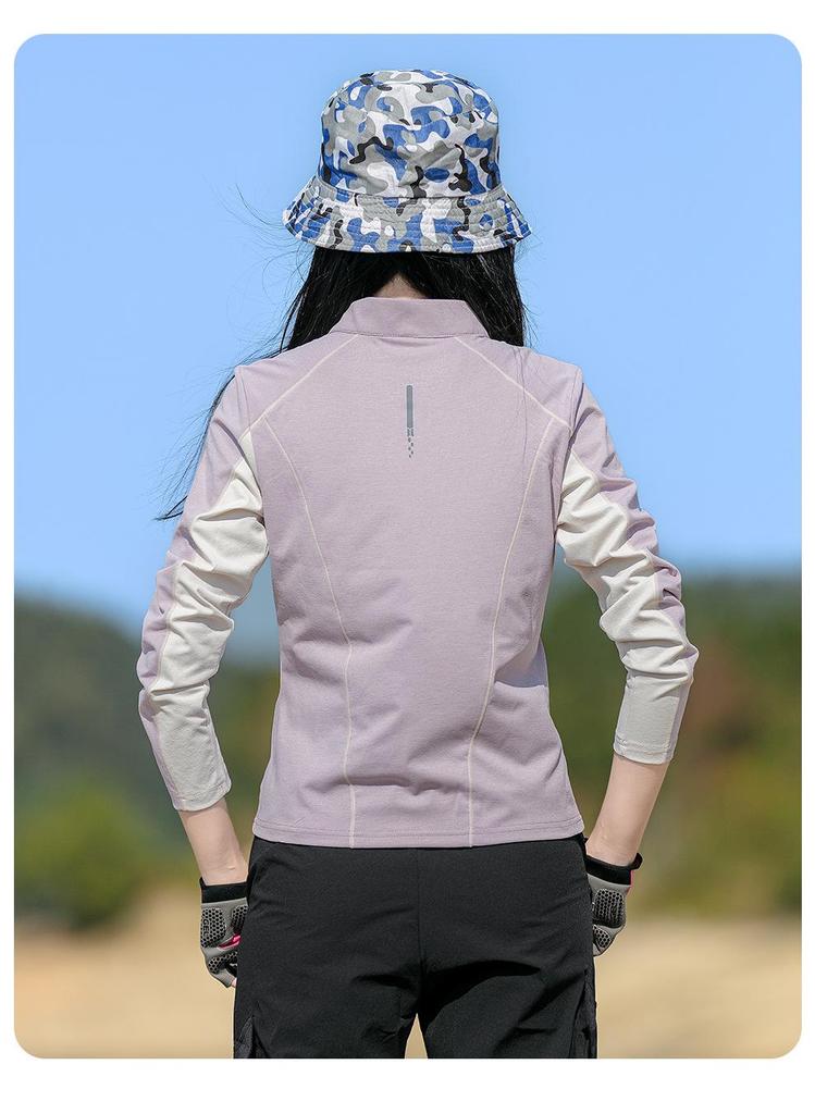 Women's Lightweight Quick-Dry Long Sleeve T-Shirt, Stand Collar, Breathable Patchwork for Hiking, Running, Outdoor Sports - Spring/Summer