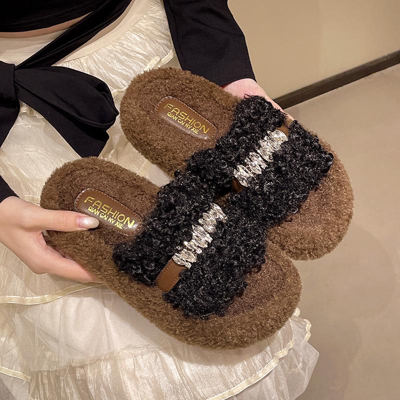 Lamb Wool Slippers Women's 2025 Autumn and Winter New Slope Heel Muffin Thick Bottom Outer Wear One Word High Heel Cotton Drag Tide