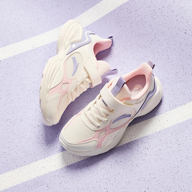 Anta Kids Synthetic Leather Fabric Trendy Versatile Lightweight Shock Absorbing Low Top Running Shoes Men Running Shoes White Pink Purple A22445577-3