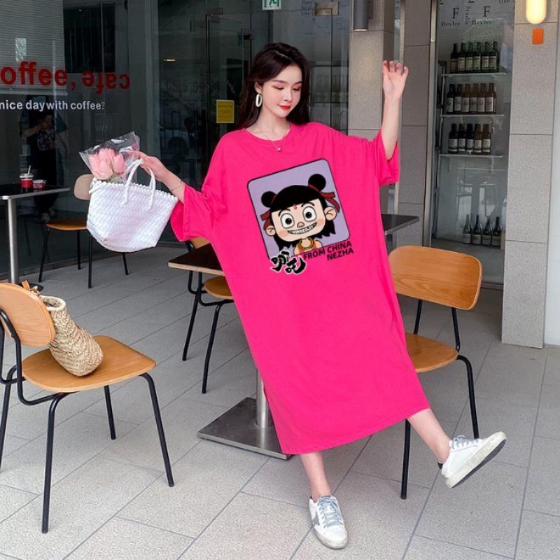 

Свободное платье с принтом из мультфильмов и большими размерами, женское платье с коротким рукавом, длинное выше колена XL розы красного