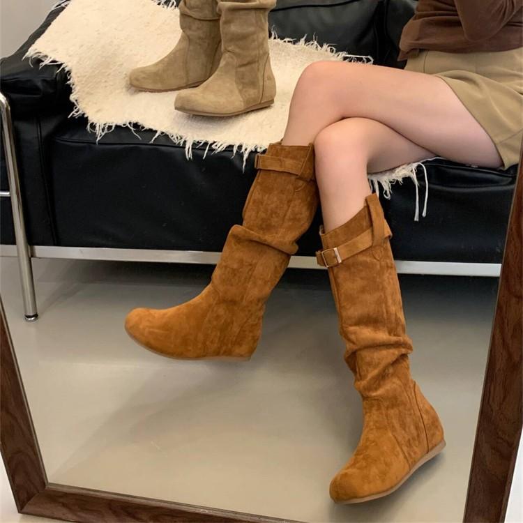Sheepskin Version Retro High Tube Inner Height Increase Boots Women's Autumn and Winter Two Wear Pile Boots Flat Western Cowboy Boots Knight Boots
