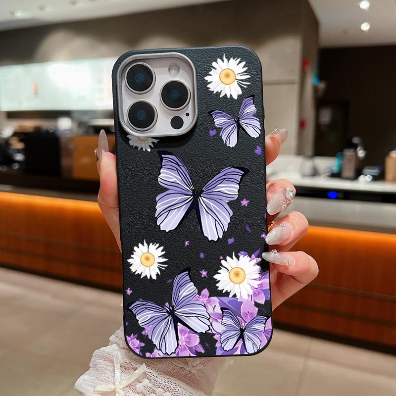 Butterflies Flowers Phone Case For iPhone 16 15 Pro Max 16e 15 14 Plus 13 12 Pro Max 11 Shockproof Leather Texture Soft Colourful Cover