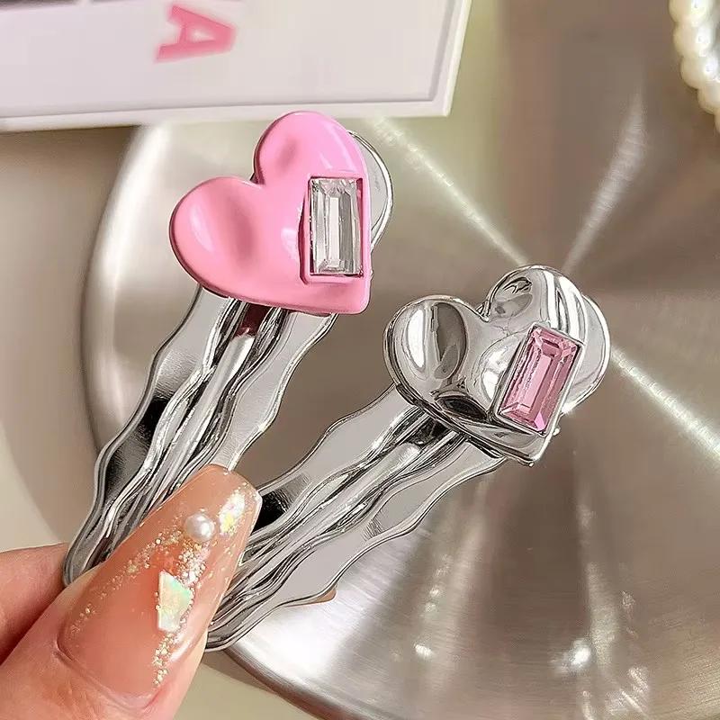 Metal Love Rhinestone Hair Clips Women's Hairpin Sweet Cool Bangs Side Duckbill Clip Hair Barrettes Korean Girls Headwear