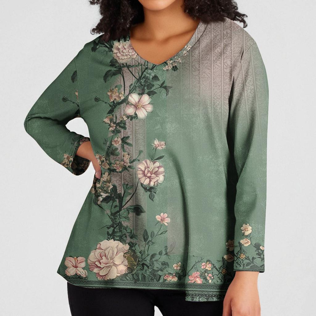 Modisches lässiges Langarm-Oberteil für Damen in Übergröße mit Blumenprint Übergröße Blumenprint-Oberteil