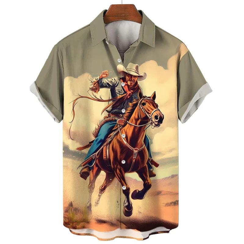 Western Denim Shirt For Men 3d Printed Oversized Hawaiian Casual Short Sleeved Lapel Men'S Clothing Streetwear Vintage Shirts