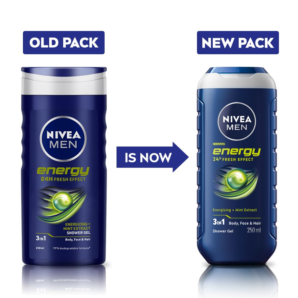 Nivea Männer Energie Duschgel 250ml Für Körper Gesicht Haar Mit Minzextrakten | Erfrischendes Reinigungswaschgel für den täglichen Gebrauch
