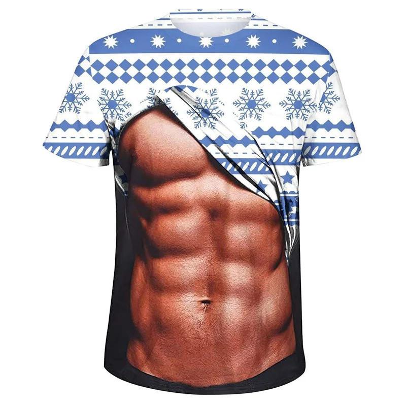 Round neck short sleeved Christmas fake abs pattern T-shirt, ugly Christmas top, men's gift funny 3D printed men's ugly Christmas T-shirt,