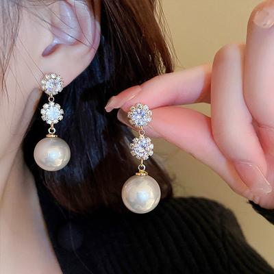Huitan Elegant Lady Simulated Pearl Drop Earrings Female Wedding Ceremony Jewelry with Brilliant Zirconia Graceful Accessories