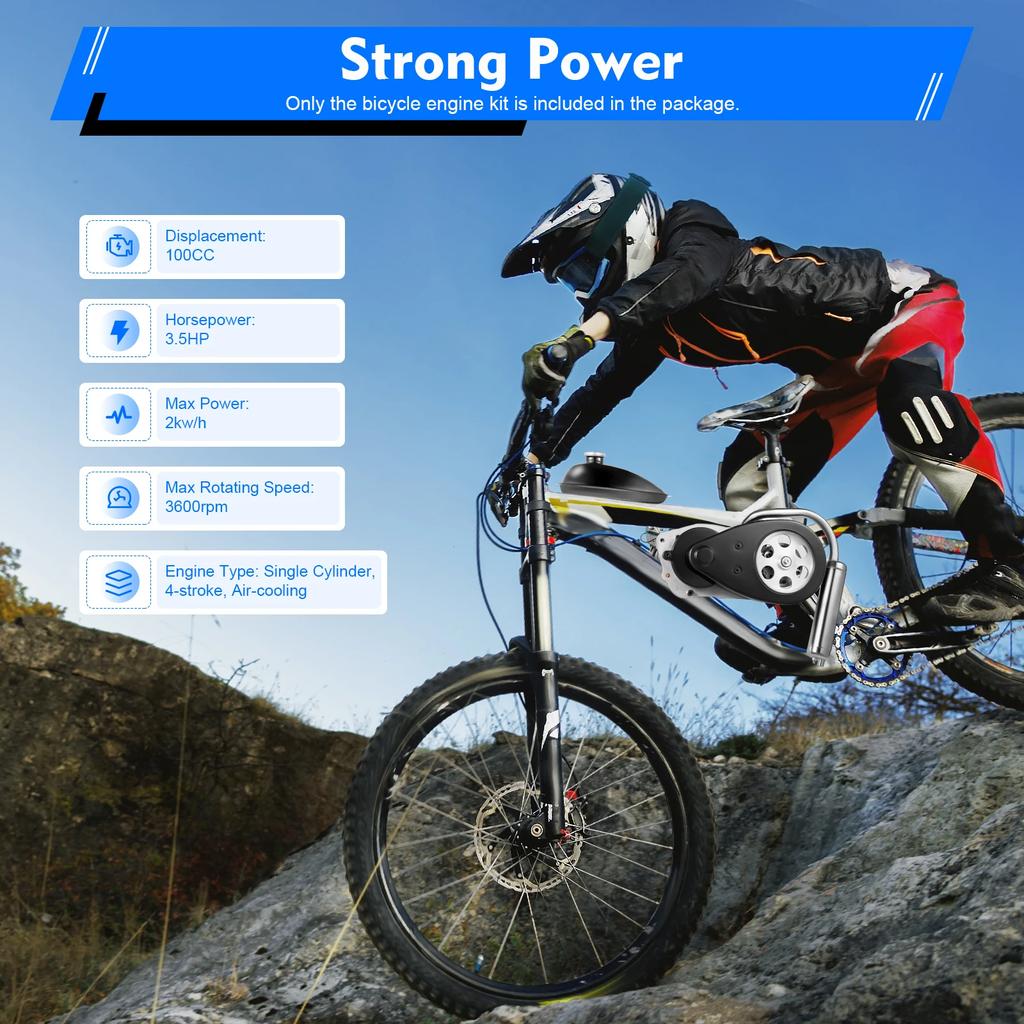 100cc 4-Stroke Gasoline Engine Kit (Belt Drive)-Single Cylinder,Air-Cooled,44 Teeth,Reliable & Powerful for Mountain/Gravel Bike