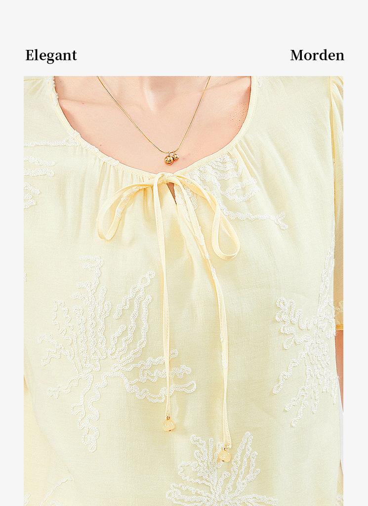 Elegant and slim round neck lace up embroidered short sleeved shirt top
