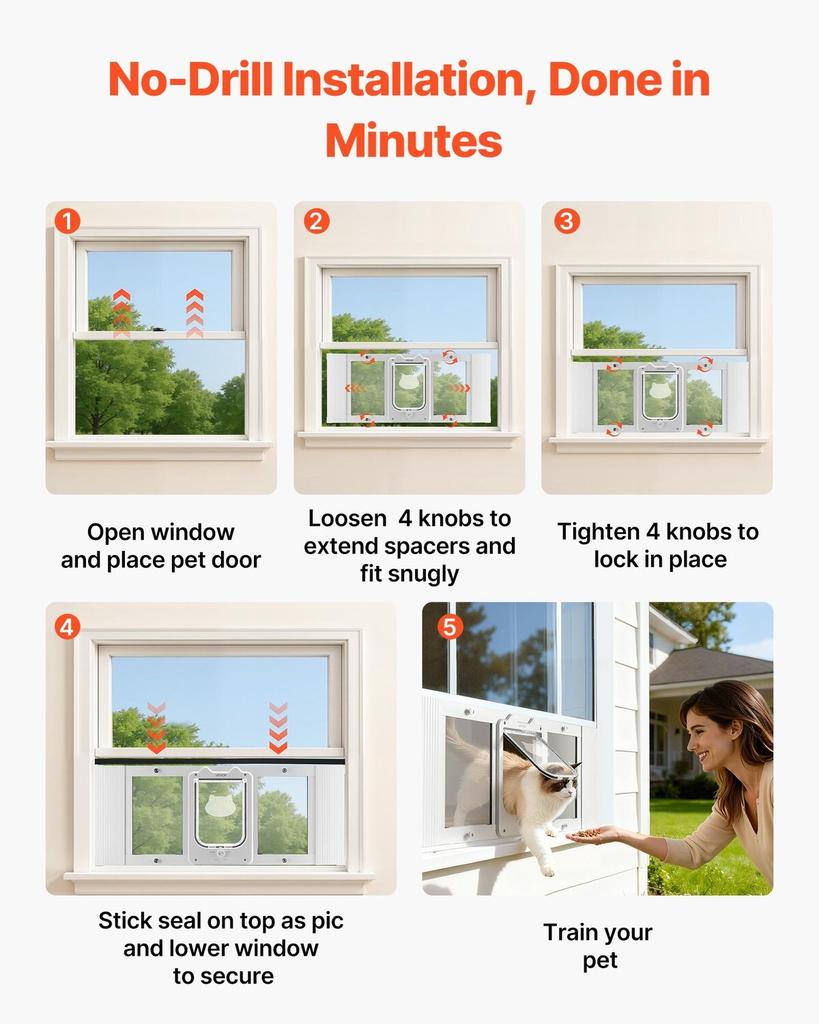 Cat Door for Window, Adjustable to Fit Window Width 787-914 mm, 4 Secure Lock Modes, Aluminum Frame and High-Transparency Glass, Magnetic Closure,