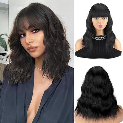 Synthetic Short Middle Length Wave Hair Extension Natural Wigs With Bangs For Women Wig Fibre Cosplay Wig