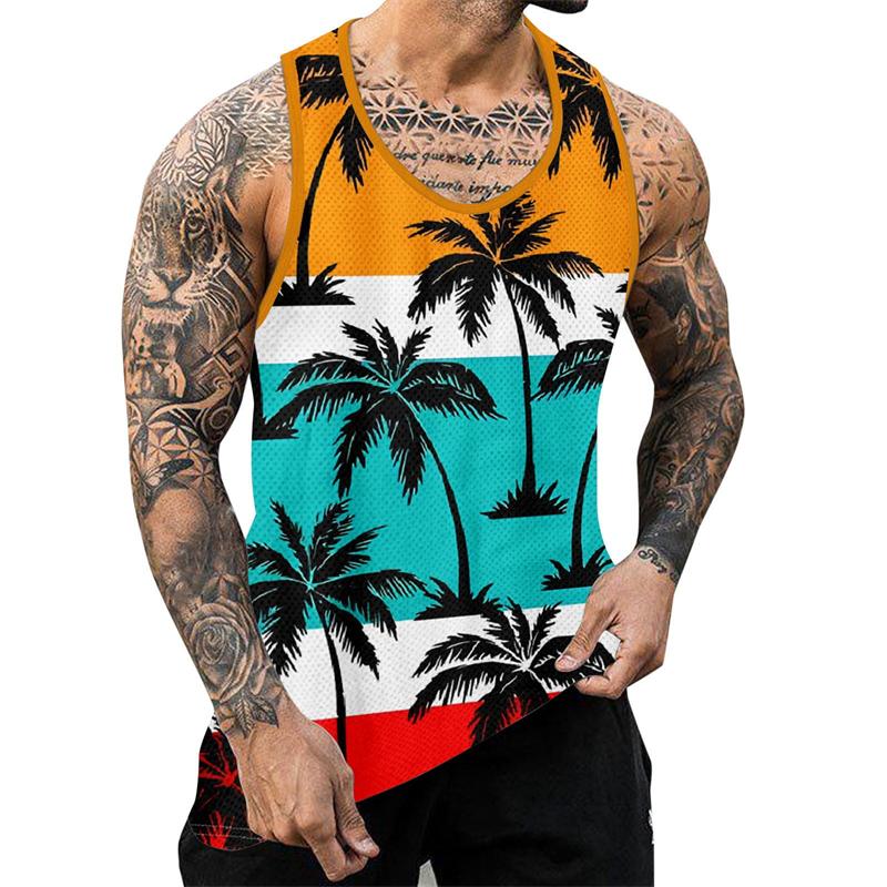 Palm Tree Graphic Tank Top For Men 3D Print Sleeveless Beach Hemp Palm Pattern Tops Paint Vest Hawaii Colorful Pigment T-shirt