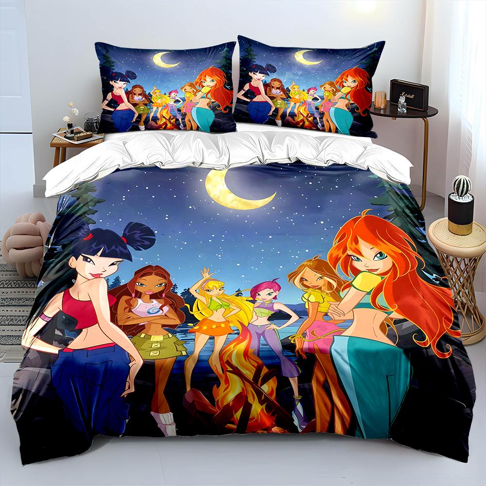 Beautiful Girls W-winx Cartoon Pattern Duvet Cover Set Digital Print Colorful Polyester Bedding with Zipper Closur for Kids Gift