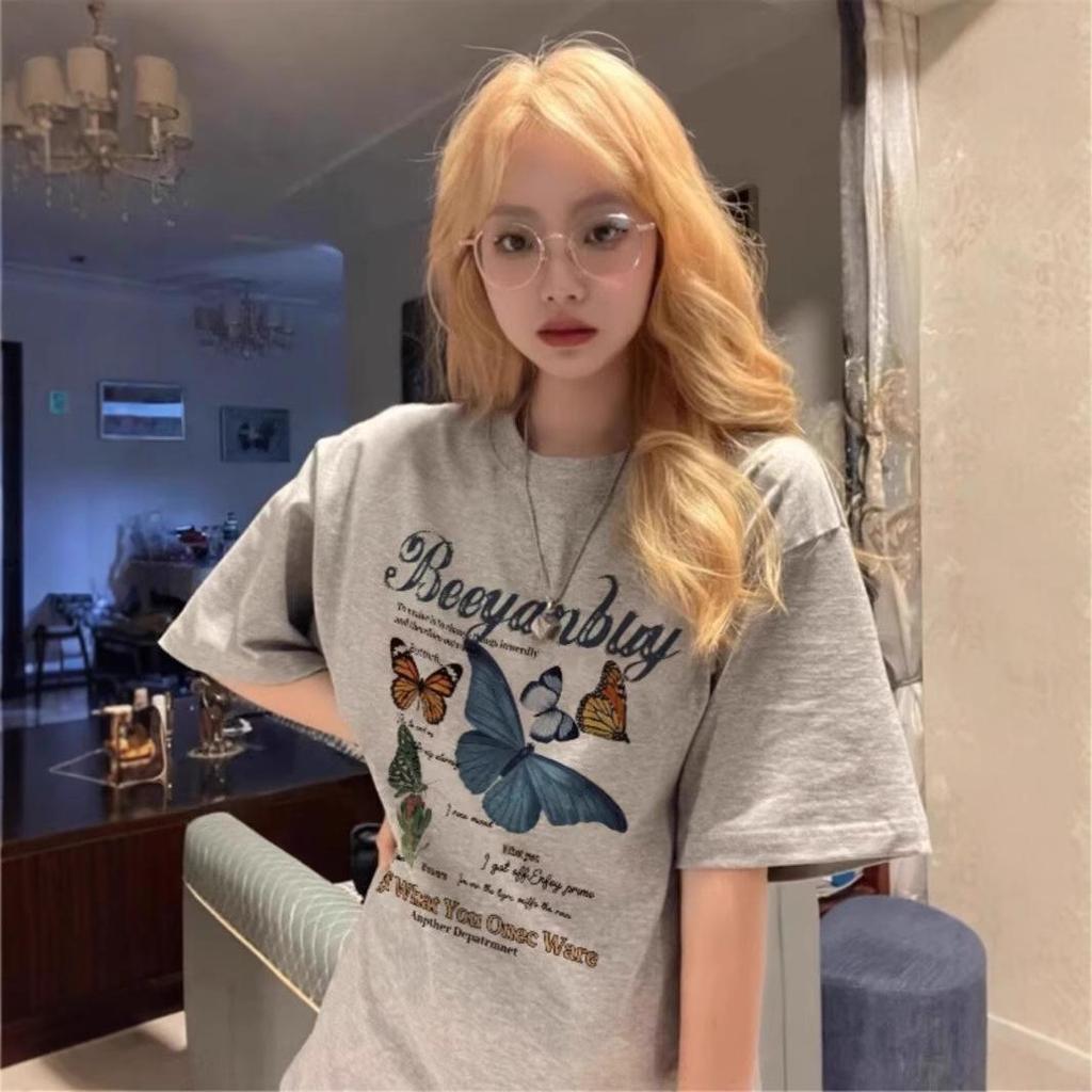 Women's Loose-Fit Butterfly Retro Crew Neck T-Shirt, Summer 2025 Trend