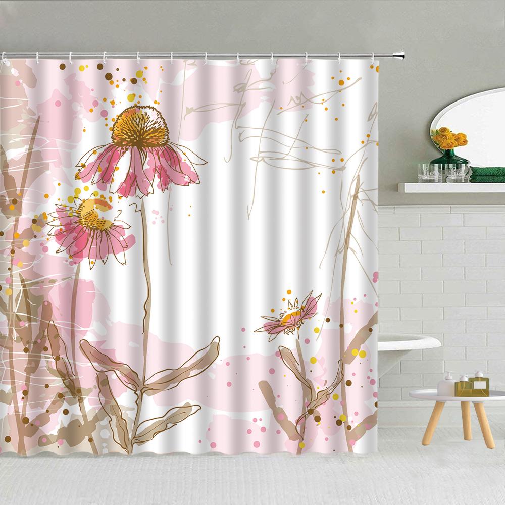 Floral Shower Curtain, Spring Nature Theme Cherry Blossom Bathroom Decor Polyester Fabric Waterproof Bath Curtain with Hooks