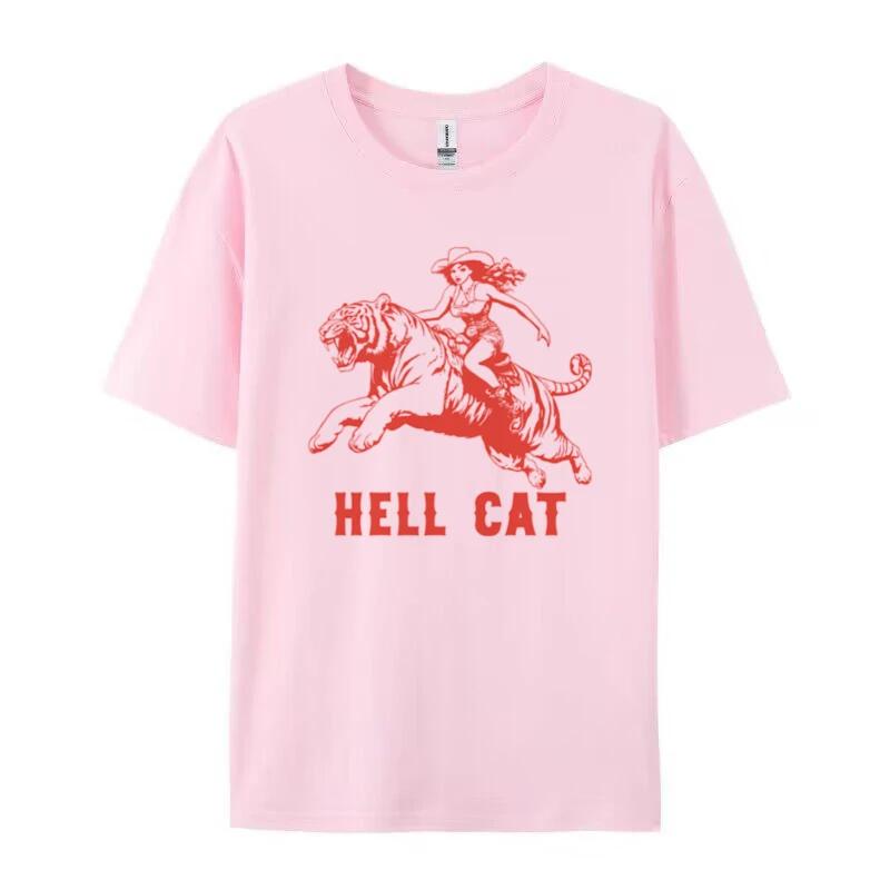Hell Cat Tiger Print Graphic Tees Women Hippie Funny T Shirt Vintage Western Cowgirl Tshirts FeUnisex Aesthetic Retro Boho Tops