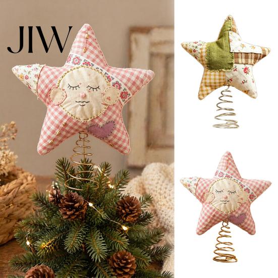 Holiday Home Decor Christmas Star Tree Topper, Patchwork Plush Stuffed Xmas Retro Pastoral Ornament for Winter Party Soft Topper