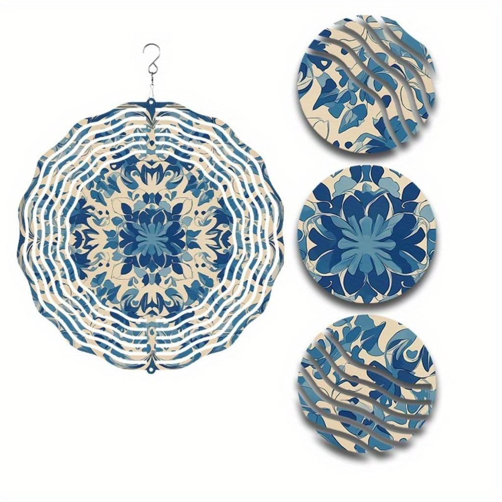 10 Zoll Blau Weiß Floral Metall Windspiel mit 360 Schwenkhaken für Garten Balkon Terrasse Außendekor Frühling Sommer