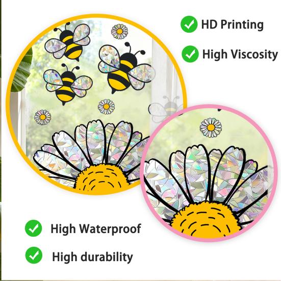 Spring Summer Bee Sunflower Window Sticker Prism Suncatcher Glass Window Cling Reusable Static Decals for Shop Home Office School Decor