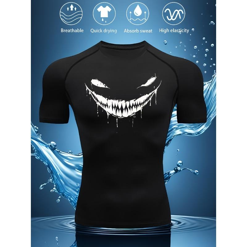 Mens Navy Blue Compression Short Sleeve T-Shirt White Dripping Evil Smile Graphic Quick Dry Breathable High Elasticity Gym And MMA Athletic Top