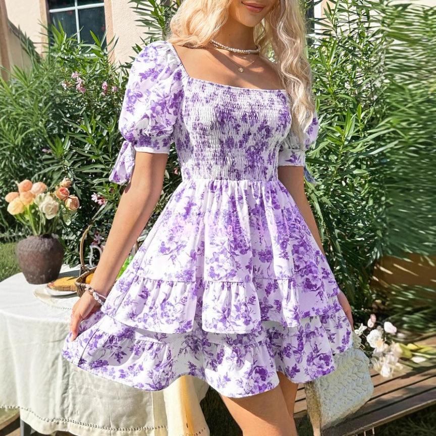 VEZFAA Women's Fashion Summer Spring Colour Block Print Short Sleeve Square Collar High Waist Casual Dresses