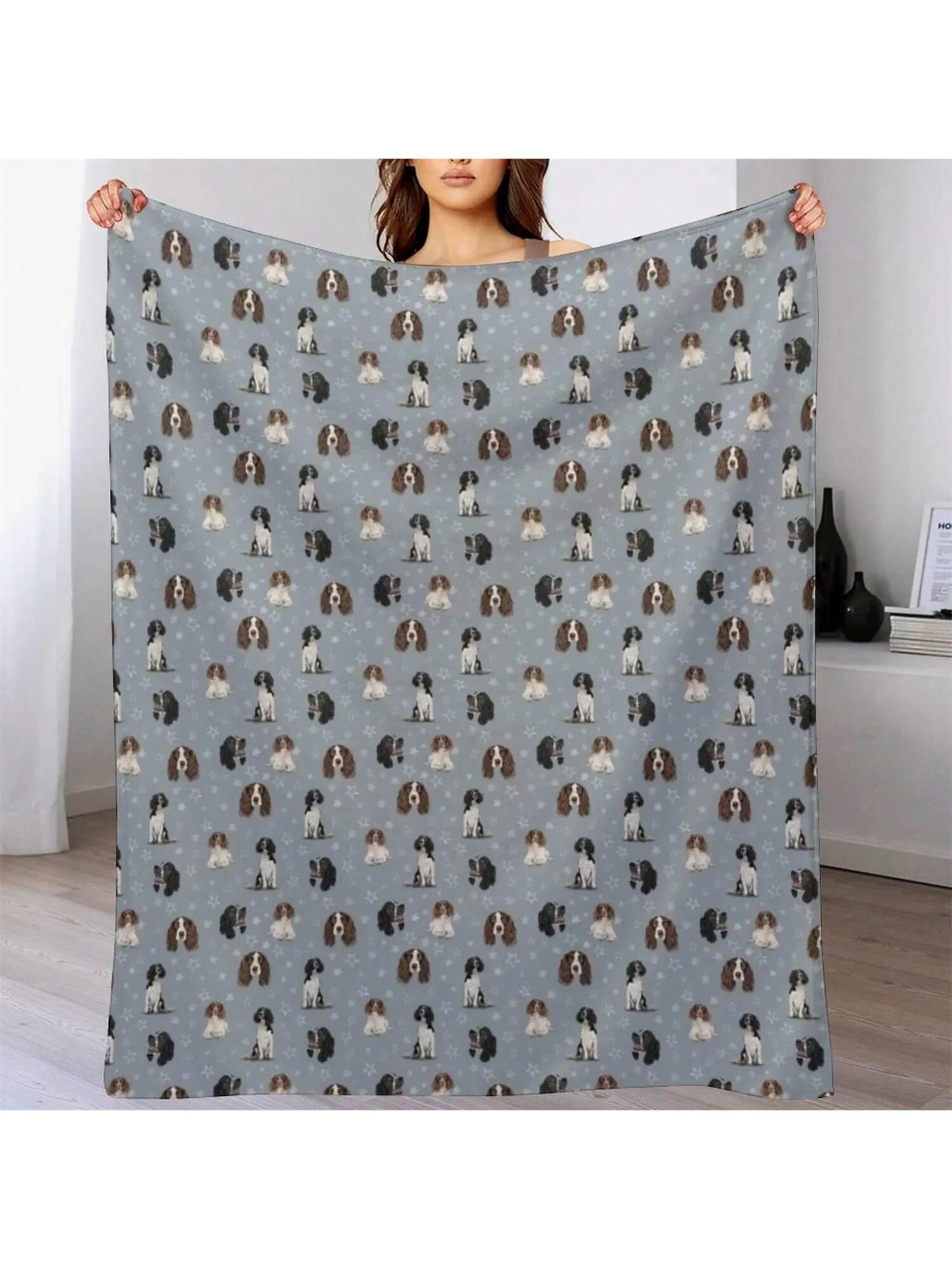 Пледовое покрывало Спрингер-спаниель Синее Клетчатое На диван Диван-кровать Пледы Для диванов Тонкие пледы 75X95CM