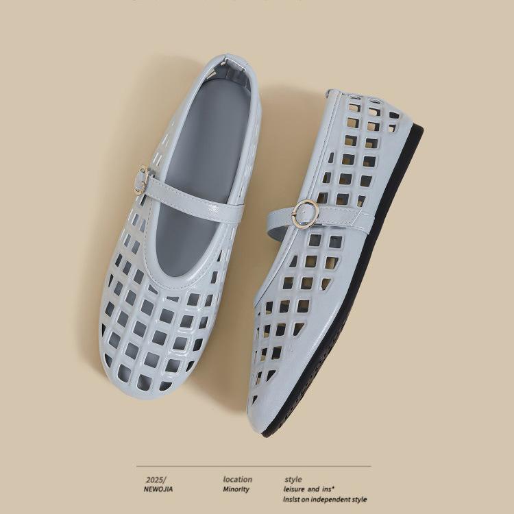 

2025 spring and summer new flat-bottomed French Mary Jane women s hollow mesh breathable round head one-word belt single shoes 40 светло-синий