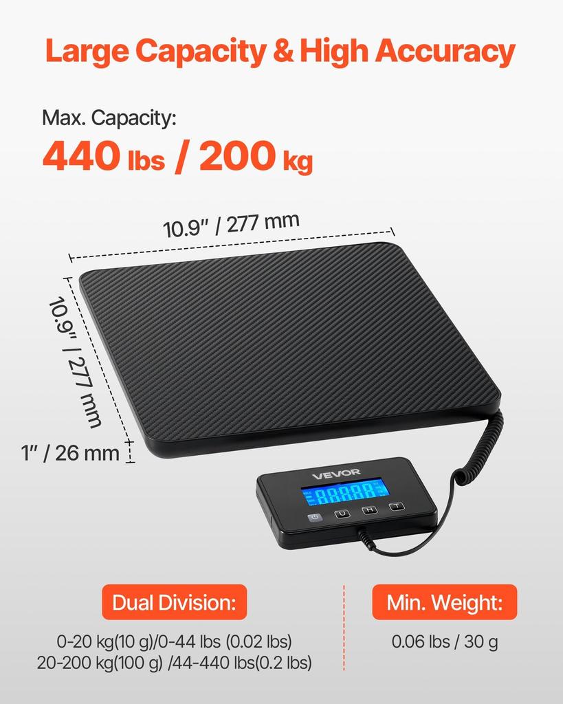 Digital Postal Scale, 10 g/100 g Dual Accuracy, 200 kg Commercial Weight Scale with Hold/Tare Function & LCD Display, Fit for Packages, Postage,