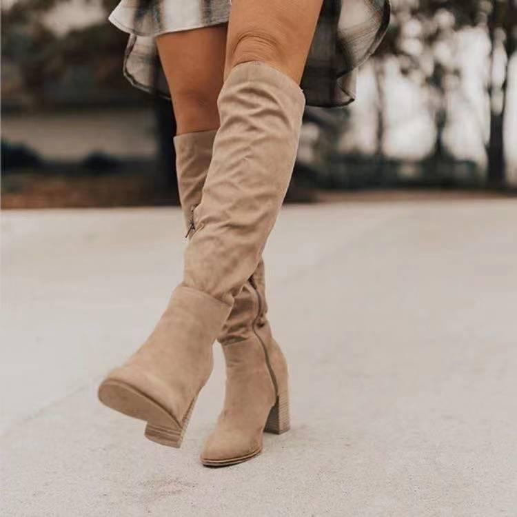 Women's Suede Thick Heel Pointed Side Zipper Solid Color Fashion Knight Boots
