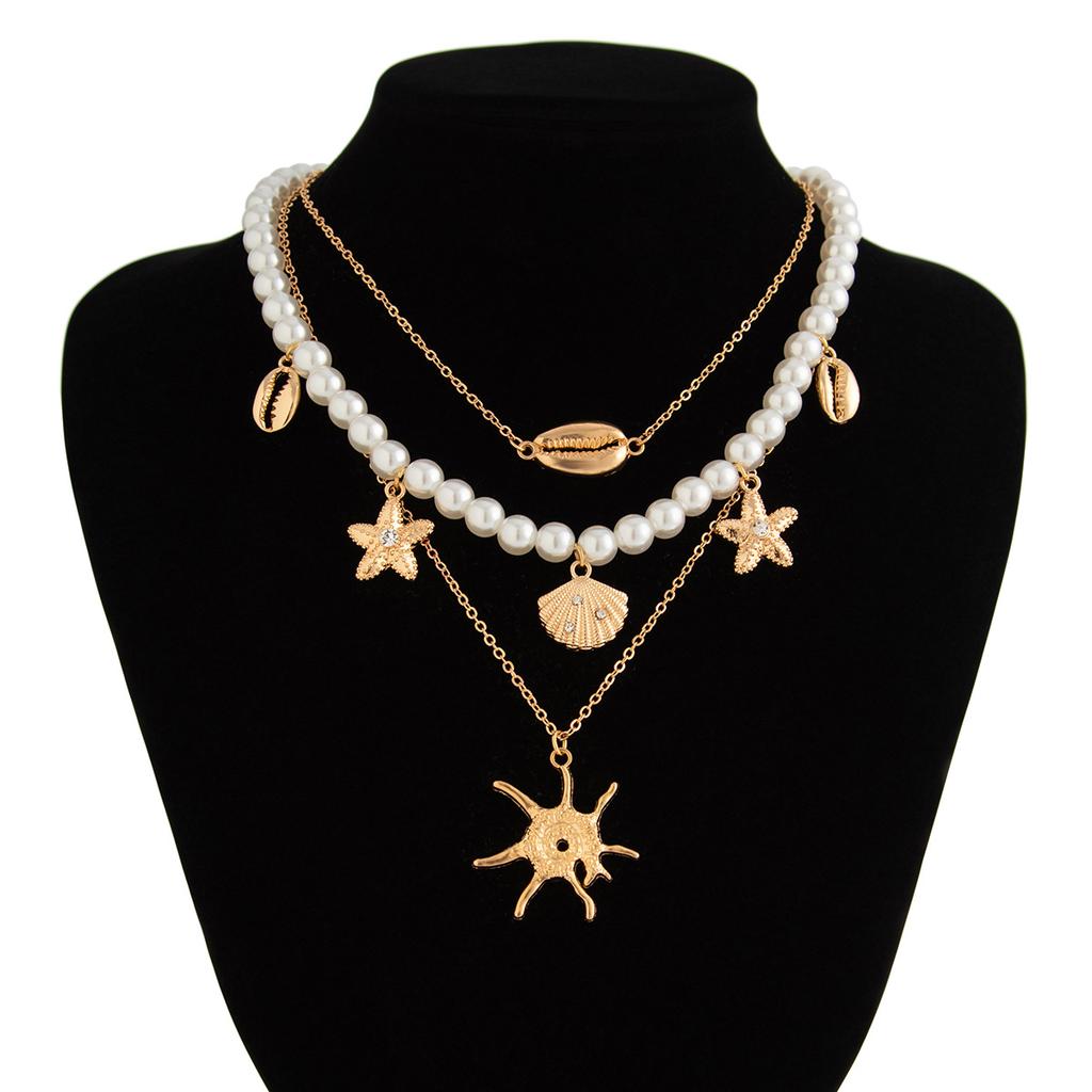 Bohemian Pearl Beaded Necklace Starfish Shell Pendant Necklace Holiday