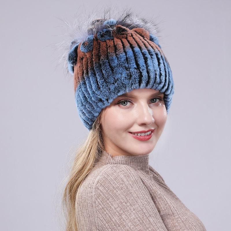 New Rex Rabbit Hair Hat Women's Winter Thickened Warm Fashion Versatile Elastic Fur Woven Hand-sewn Knitted Hat