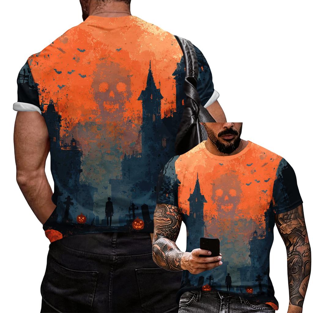 Men's Halloween Graphic T Shirt Loose Fit Casual Short Sleeve Top with Printed Witch and Pumpkin Design for Seasonal Wear