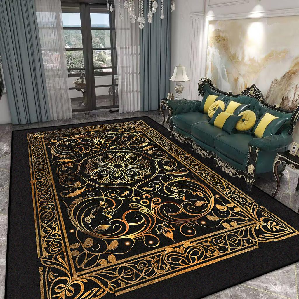 Home Decoration Luxury Black Living Room Rug Antiskid Golden Border Gaming Room Carpet Big Size Soft Entrance Door Mat Washable