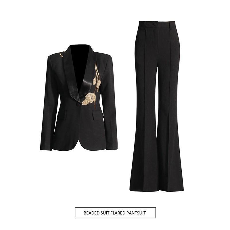 Fashionable Temperament Suit Heavy Industry Beaded Design Slim Coat High-rise Straight Flared Trousers