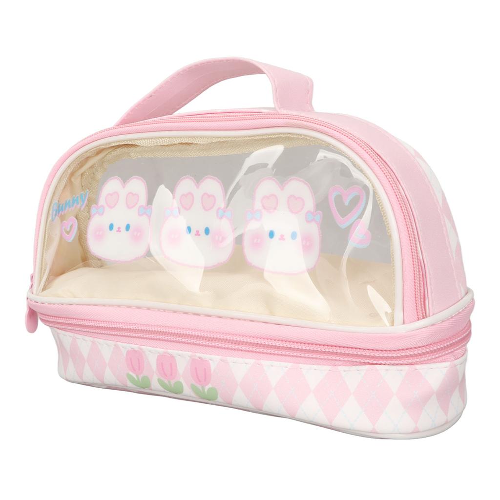Cute Rabbit Pen Bag Rabbit Pattern Double Layer Waterproof Transparent Kawaii Pencil Case Pink