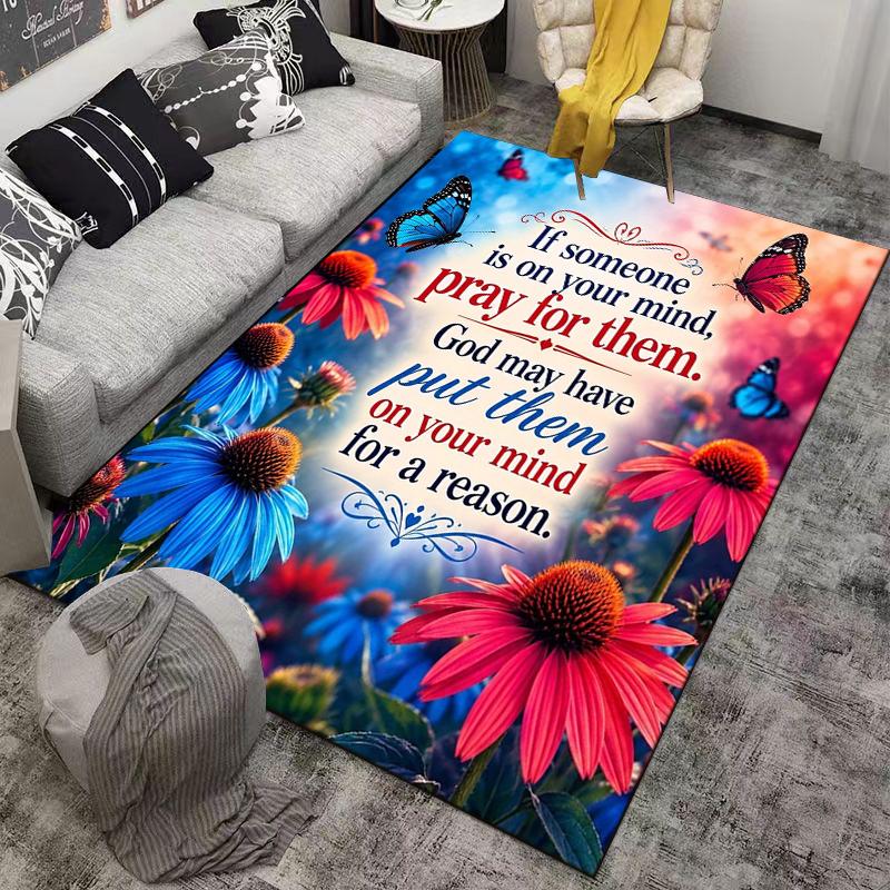 Christian Prayer Quote Floral Carpet Non-slip Rug Suitable for Living Room and Bedroom Sofas