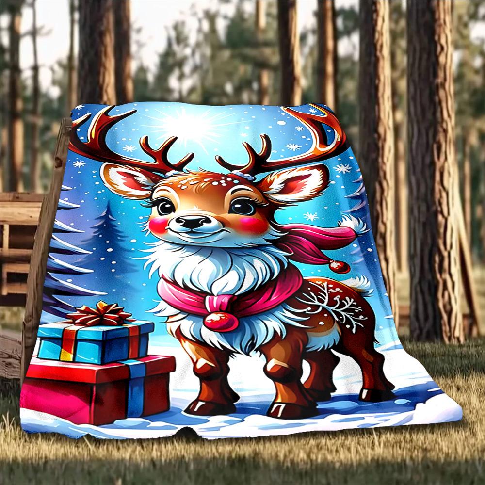 1pc Reindeer Gifts Throw Blanket Polyester Fiber, Lightweight Flannel, Soft & Warm, All Season Use for Outdoor, Camping Digital Print