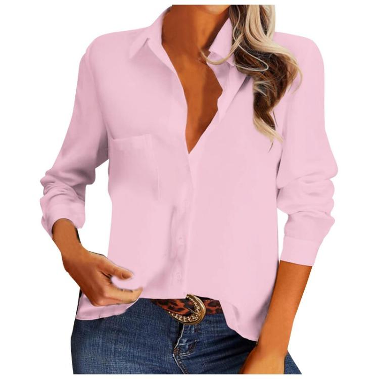 Casual Solid Color Women Loose Long Sleeve Shirt Single Breasted Lapel Pocket Stitching Fashion