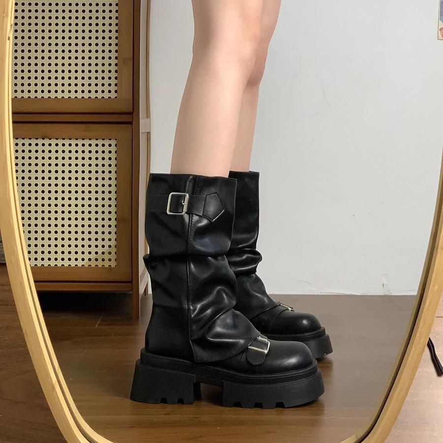 Brown Versatile Thick-soled Heightening Martin Boots Women's New Spring and Autumn Winter Retro Mid-boots
