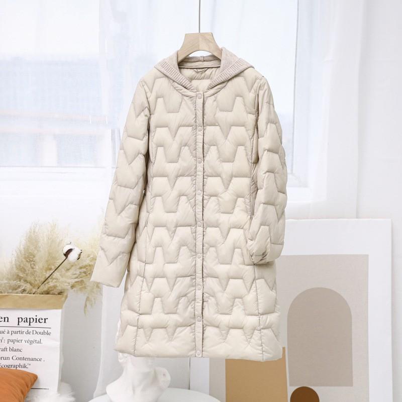 Womens Lightweight Hooded Down Jacket Mid-Length Knit Collar Casual Coat 2025