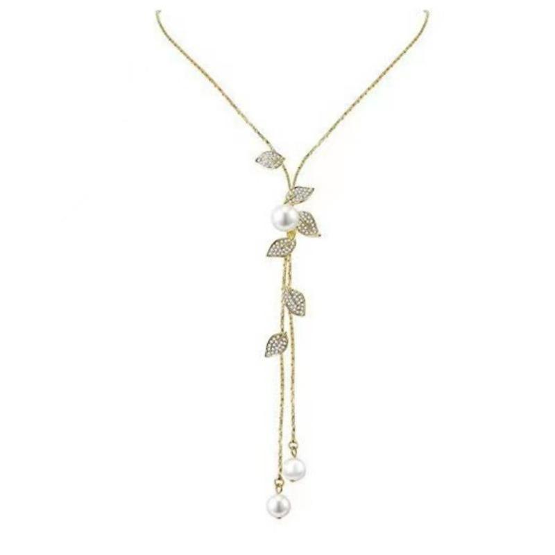 Long Section Rising Leaves Pearl Fringed Sweater Chain Women's Versatile Korean Version Personalized Accessories Necklace Four-leaf Clover