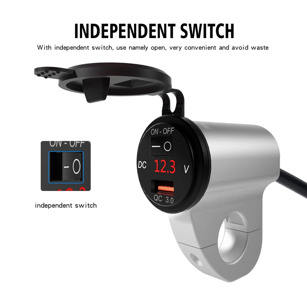 12V Motorcycle Handlebar 2.4A USB Adapter Charger with Digital Voltmeter Fits for 22mm-26mm Handlebars