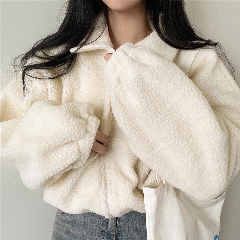 Giacca Corta da Donna di Design con Collo Alto Calda in Finta Lana d'Agnello Autunno e Inverno Ampia e Versatile Cardigan Top con Zip