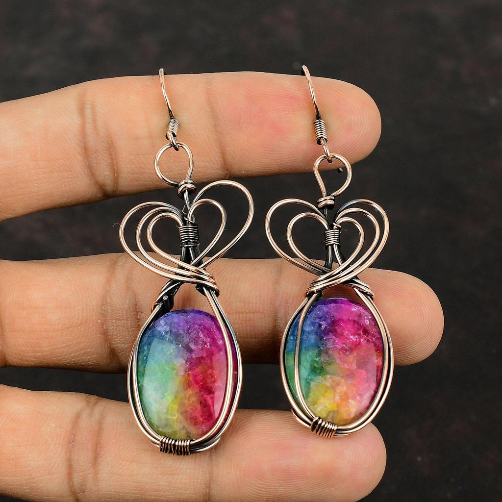 Rainbow Solar Quartz Druzy Copper Earring Copper Wire Wrapped Earrings Handmade Earring Unique Copper Design Jewelry Dainty Gemstone Earring