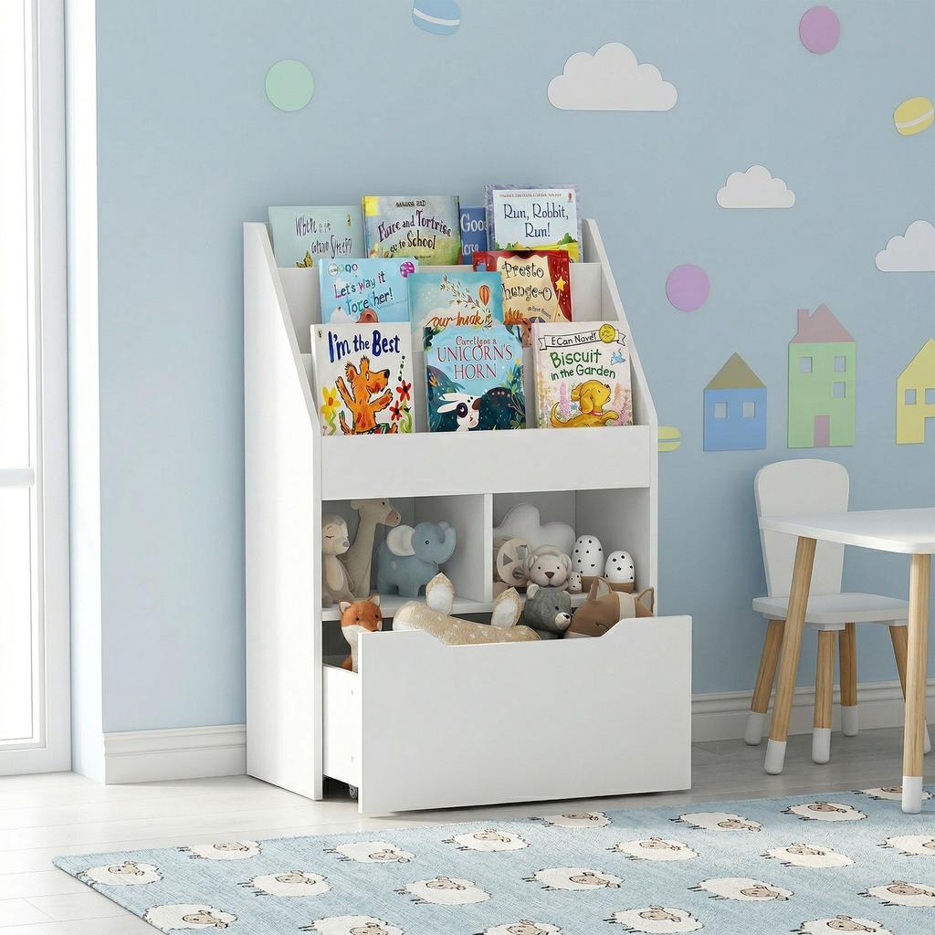 Children's Shelf with Drawer, Bookshelf with Compartments, 60 x 29.9 x 90 cm, White